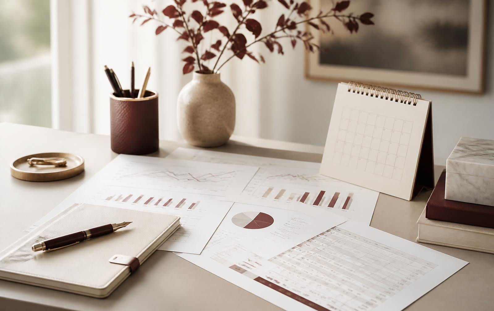 Planning workspace with forecast charts, calendar and notebook